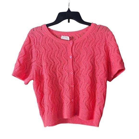 Title: Vintage Pink Knit Cardigan – Wavy Open-Knit Button-Up Retro Sweater - Picture 1 of 6